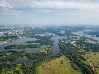Dnieper river in Kiev in summer. Aerial drone view.