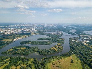 Dnieper river in Kiev in summer. Aerial drone view.