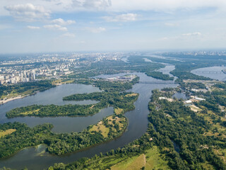 Dnieper river in Kiev in summer. Aerial drone view.