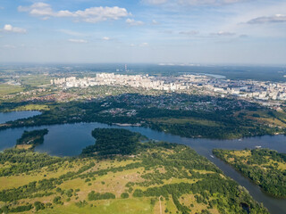 Dnieper river in Kiev in summer. Aerial drone view.