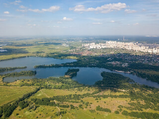 Dnieper river in Kiev in summer. Aerial drone view.