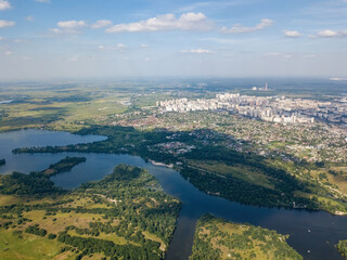 Dnieper river in Kiev in summer. Aerial drone view.