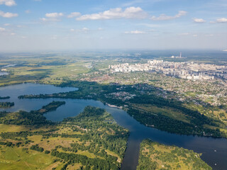 Dnieper river in Kiev in summer. Aerial drone view.