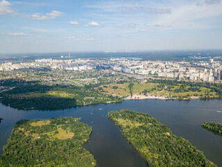 Fototapeta premium Dnieper river in Kiev in summer. Aerial drone view.