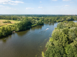 River bank in summer. Aerial drone view.