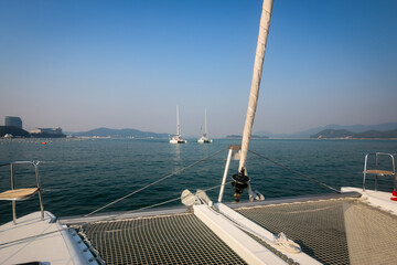 Plakat Holiday on the motor yacht in the sea with sunset in Busan, South Korea