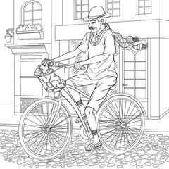 Coloring book for an adult man with a dog on a bicycle. Coloring book in line style. European landscapes. Collection of Europe. Vector illustration.