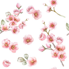 Blossoming branches of cherry, sakura, apple tree. Seamless pattern. Spring pink flowers. Watercolor. Illustration. Template