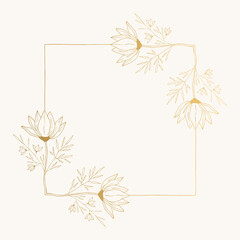 Floral square frame with decorative botanical corners. Ornate fancy borders. Golden vector illustration.