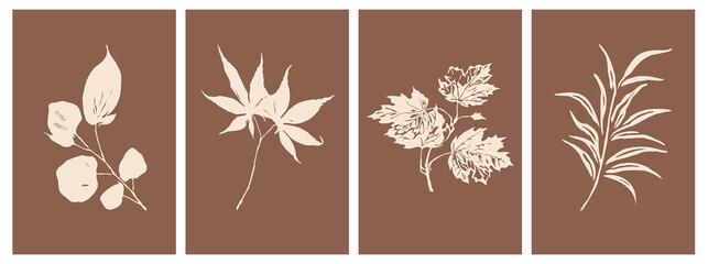 Fototapeta na wymiar Set of botanical illustrations in minimalist style and neutral colors for poster, t-shirt print, cover, banner. Set of abstract modern art backgrounds with simple geometric lines.