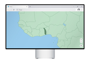 Computer monitor with map of Togo in browser, search for the country of Togo on the web mapping program.