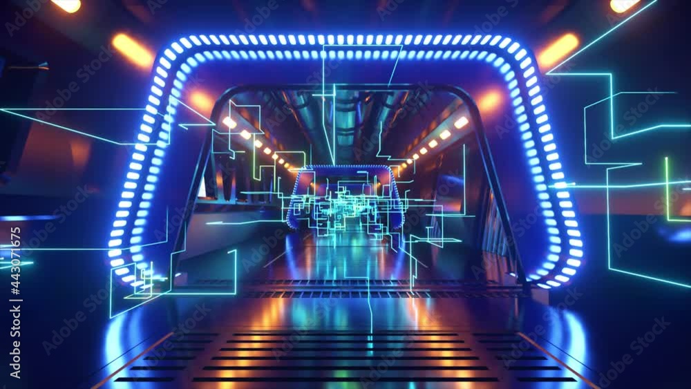 Poster sci-fi tunnel in outer space with neon light. planet earth outside the window of the spaceship. netw
