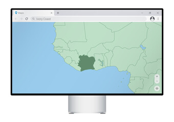 Computer monitor with map of Ivory Coast in browser, search for the country of Ivory Coast on the web mapping program.