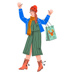 Woman shopping in the winter for Christmas holidays or at seasonal sale, flat cartoon vector illustration isolated on white. Winter shopping and sale.