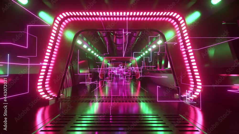 Poster sci-fi tunnel in outer space with neon light. planet earth outside the window of the spaceship. netw