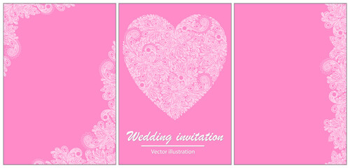 Vector illustration for decorating a wedding card or wedding card. White lace heart on a pink background.