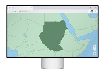 Computer monitor with map of Sudan in browser, search for the country of Sudan on the web mapping program.