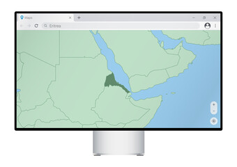 Computer monitor with map of Eritrea in browser, search for the country of Eritrea on the web mapping program.