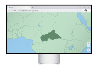 Computer monitor with map of Central African Republic in browser, search for the country of Central African Republic on the web mapping program.