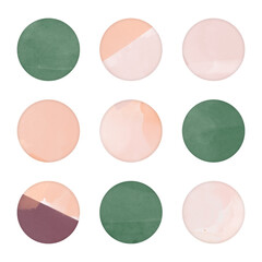 Instagram social media highlight cover icon or web button. abstract green pink rose circle round dot shapes in watercolor paint stain stamp texture. design element for beauty, make up, fashion