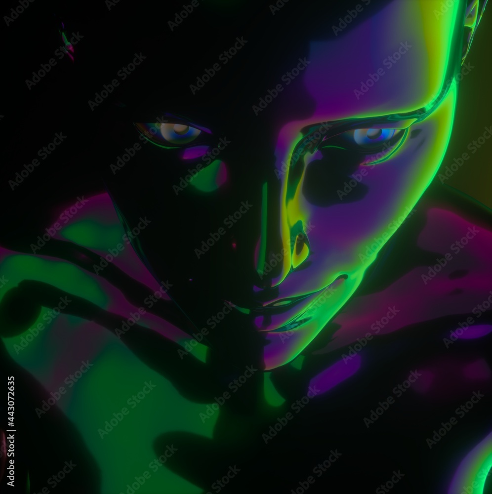 Poster Conceptual 3D illustration of artificial intelligence. Robot head made of glossy chromium material.