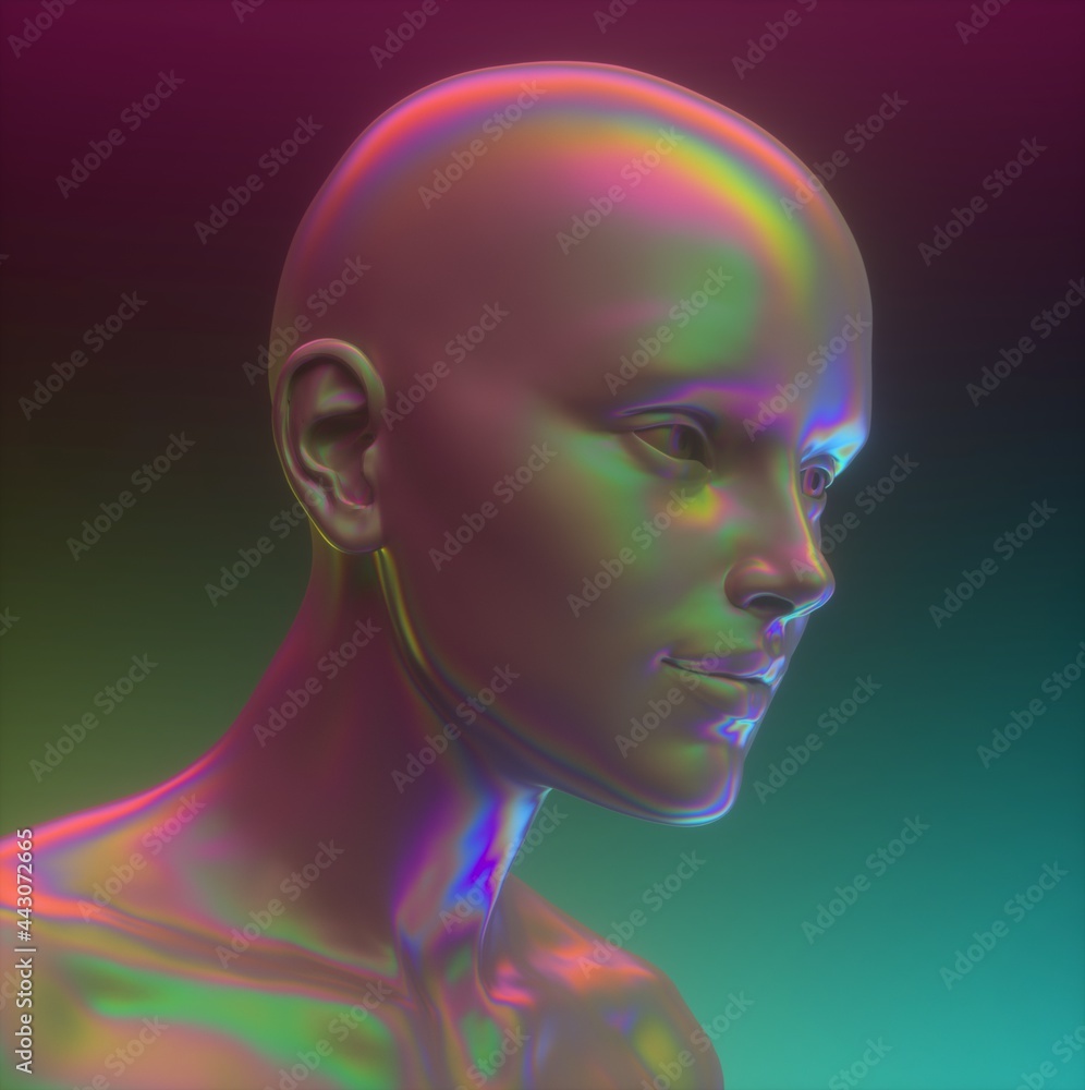 Poster Conceptual 3D illustration of artificial intelligence. Robot head made of holographic chromium material with rainbow iridescent stains.