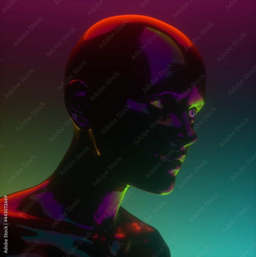 Poster Conceptual 3D illustration of artificial intelligence. Robot head made of glossy chromium material.