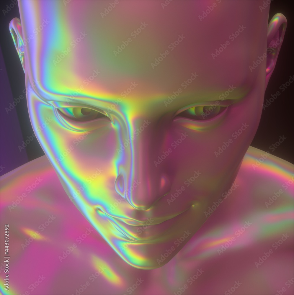 Poster Conceptual 3D illustration of artificial intelligence. Robot head made of holographic chromium material with rainbow iridescent stains.