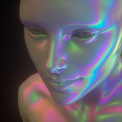 Conceptual 3D illustration of artificial intelligence. Robot head made of holographic chromium material with rainbow iridescent stains.