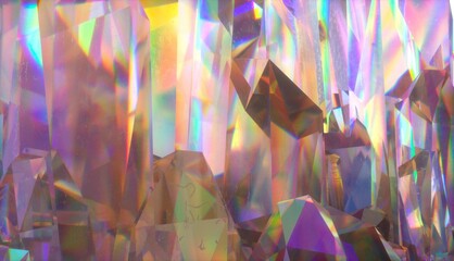 A beautiful landscape of crystals refracting light into spectral rainbow colors. 3D render illustration.