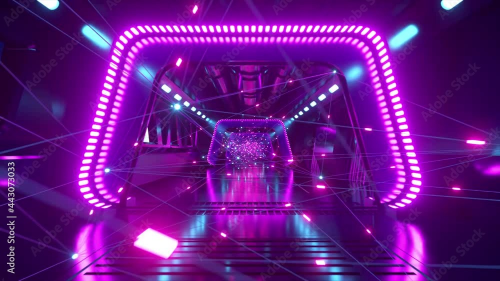 Poster sci-fi tunnel in outer space with neon light. planet earth outside the window of the spaceship. netw