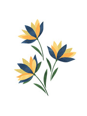 Watercolor set of three lotus flowers, with indigo blue yellow and golden petals, modern illustration isolated on white 