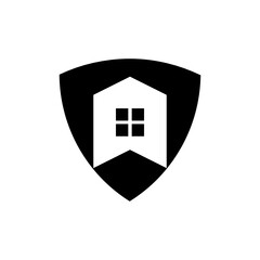 home icon on black background, Home house security. Traditional window House with a shield.