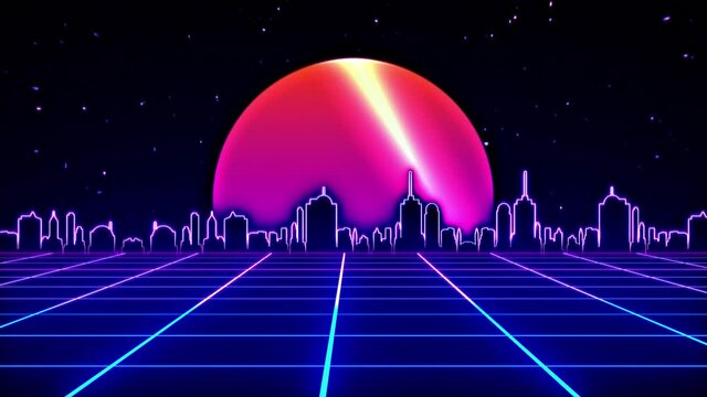 Retro futuristic sci-fi night city seamless loop. 80s VJ synthwave motion background with neon lights, sun and stars. Stylized 4K vintage steamwave style 3D animation for video games and music videos