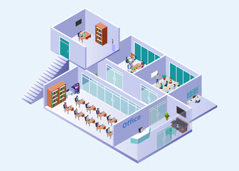Isometric Vector Illustration of Office Building Area and Showing the Activities Inside