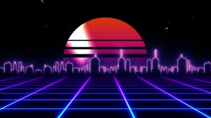 Retro futuristic sci-fi night city seamless loop. 80s VJ synthwave motion background with neon lights, sun and stars. Stylized 4K vintage steamwave style 3D animation for video games and music videos