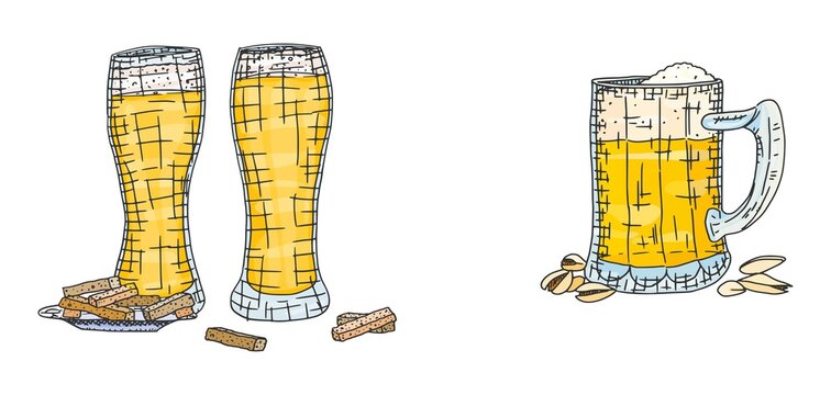 beer in glasses and cups with foam. doodle picture