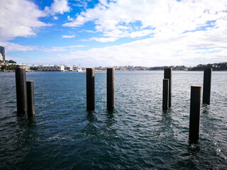 Black poles in an ocean for the beginning of construction.
