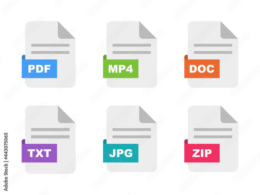 Poster file type icon set. format of documents. file extensions. colored file type and document in flat sty