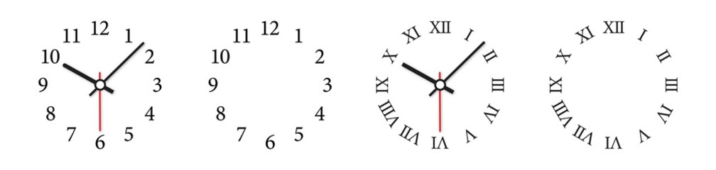 Clock face vector illustration. Mechanical clocks template set.  Watches with arabic and roman numerals and arrows.
