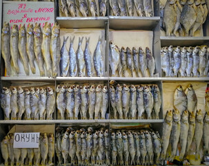 Fish catch of the Volga river on the Astrakhan food market