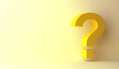 Large question mark on yellow background, copy space text, 3d rendering illustration.
