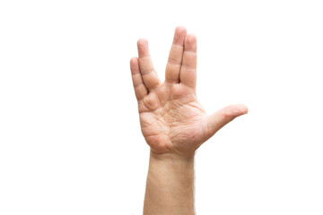 Vulcan greeting, man's hand, isolated on white