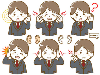 耳に異常がある太ったスーツの若い男性