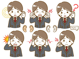 耳に異常があるスーツの若い男性