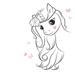 Hand drawn illustration of cute little unicorn with a wreath of flowers on his head . Black and white.Silhouette.  Isolated