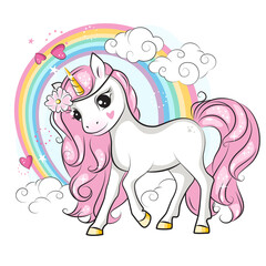 Cute smiling unicorn with pink mane and with a wreath of flowers on his head . Rainbow and clouds. Hand drawn illustration  for your design.  - 443078654