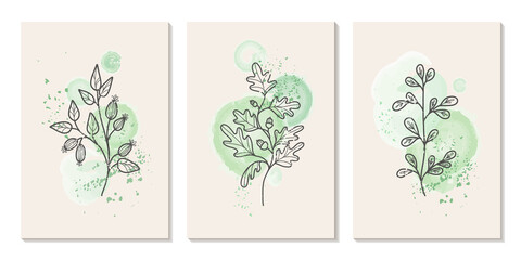Botanical wall art vector set. Branches with leaves with an abstract shape. Plants art design for print, cover, wallpaper, natural wall decoration, poster, card