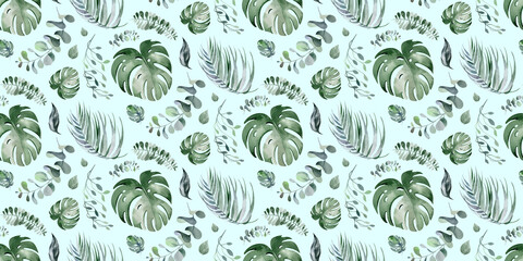 watercolor set of exotic patterns tropical flowers and leaves