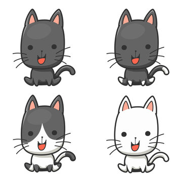 Black and white cute cat cartoon character, Cow cat, White cat, cute sitting baby kitten, Kawaii cartoon, little pussy, Isolated clipart on white background vector illustration. 